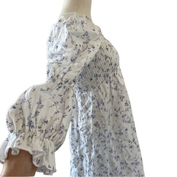 Reformation Midi Dress Smocked Puff Sleeves White Linen Floral Long Slit Medium - Picture 12 of 15